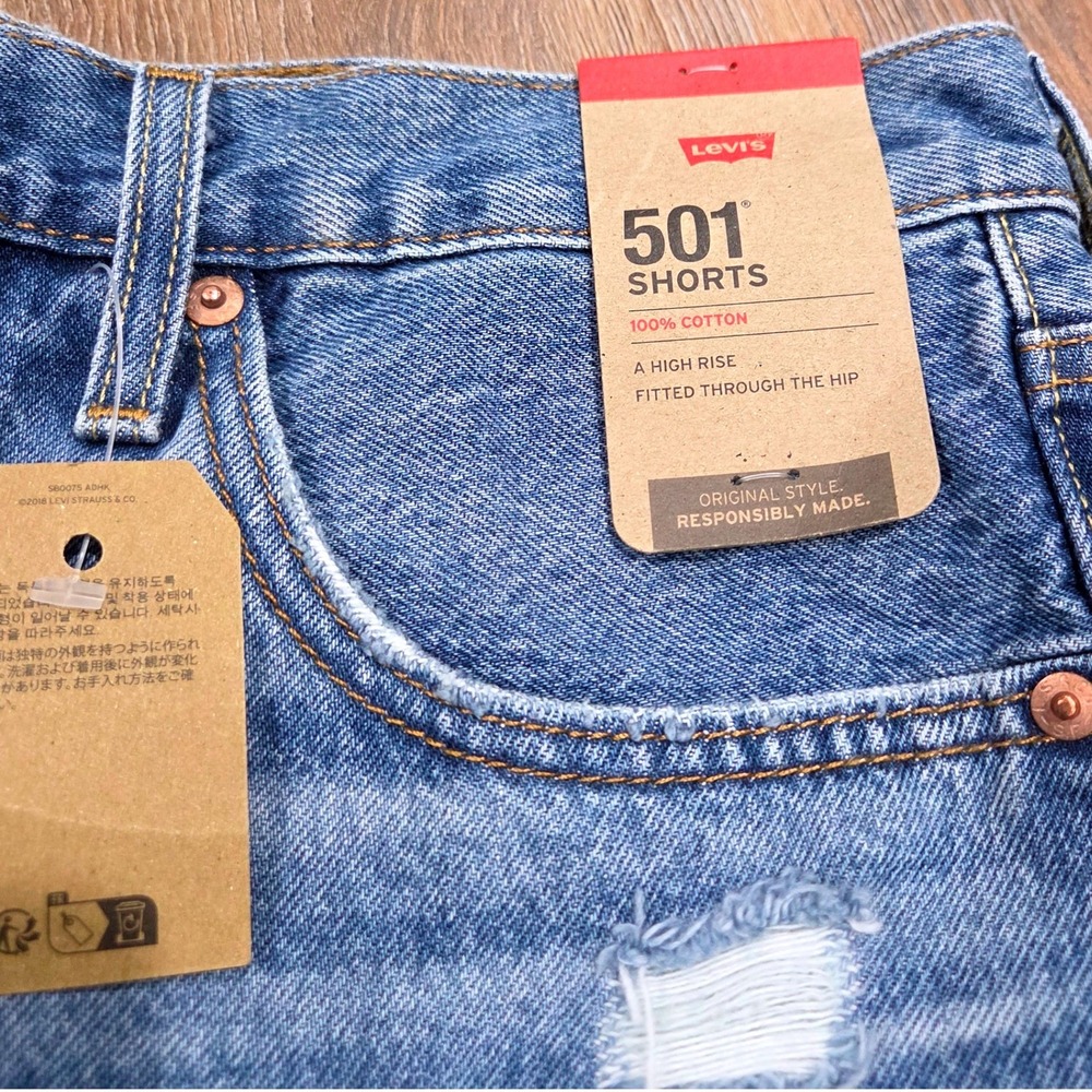 Levis 501 Original High Rise Denim Shorts Medium Wash Distressed Raw Hem Size 30 - Picture 2 of 5